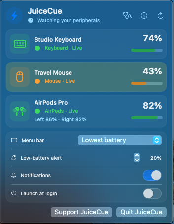 JuiceCue menu-bar panel with fictitious keyboard, mouse and AirPods battery readings